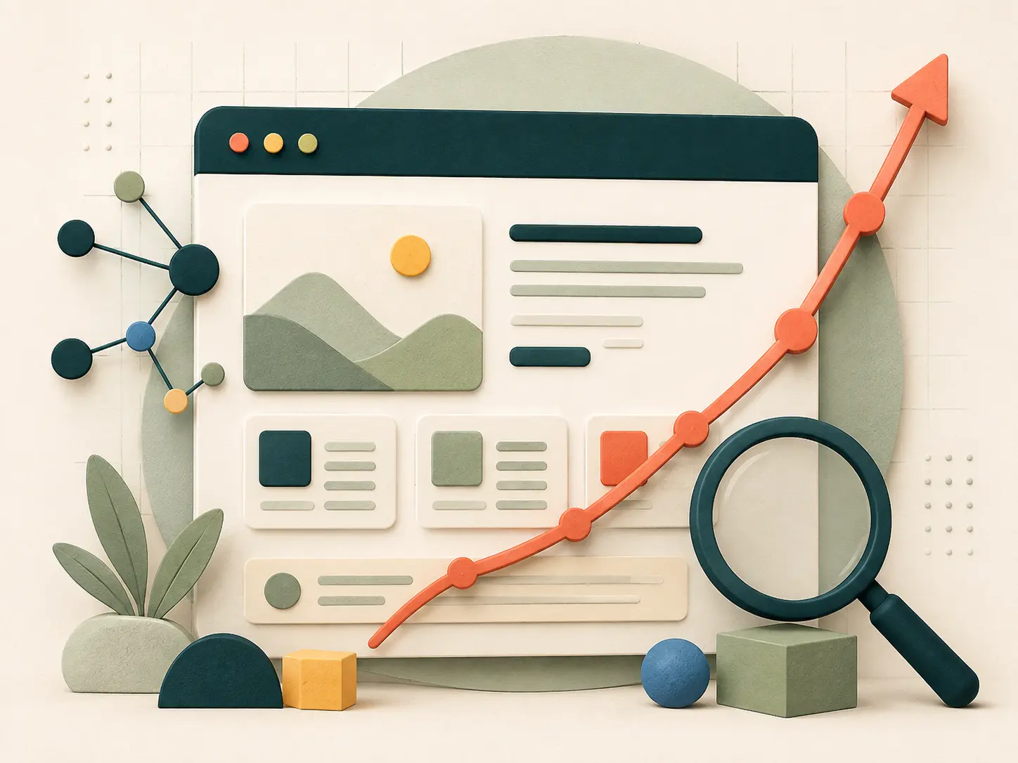 Ilustración de una estrategia SEO con una página web estructurada, nodos técnicos, una lupa y una gráfica de evolución.